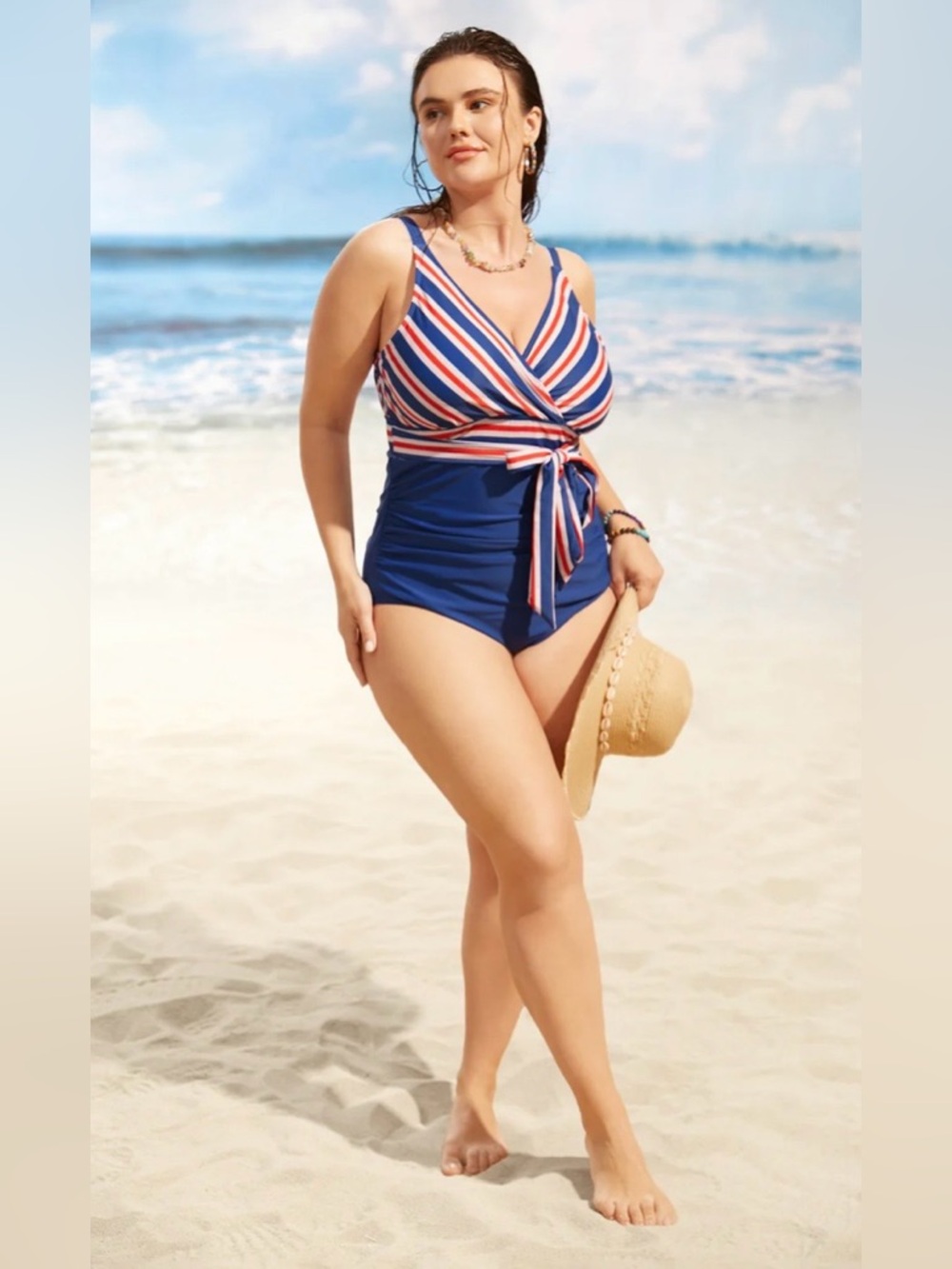 BNWT BloomChic Retro Inspired Red, White Blue Faux Wrap One Piece Bathing Suit - Picture 3 of 16